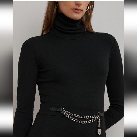 RALPH LAUREN RIBBED TURTLENECK DRESS WITH CHAIN TRIM IN RED SIZE 10 NWT - Picture 3 of 4